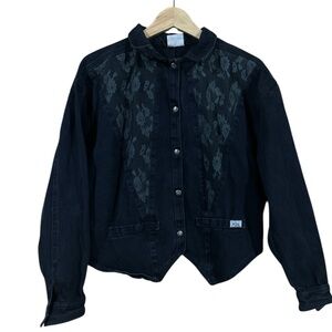 Vintage PULSE Snap Button+Lace Detail Black Denim Jean Jacket size M